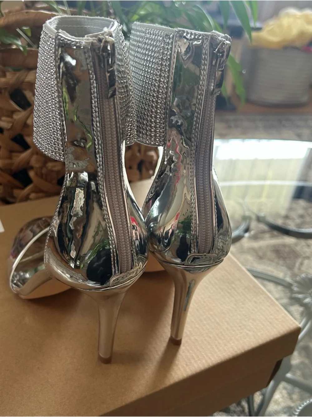 Carlkarida Silver Crystal Ankle-Cuff Stiletto Sandals